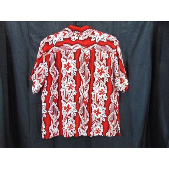 Tiki Palm Rayon Red White Hawaiian Camp Shirt XL Surf Board Lei Button Front - Picture 8 of 9